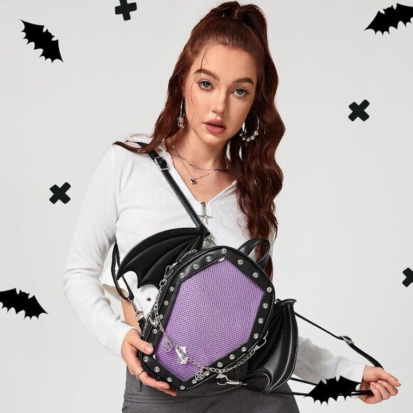 Goth Coffin Backpack with Detachable Bat Wing Halloween Coffin Ita Punk Shoulder - Picture 4 of 14